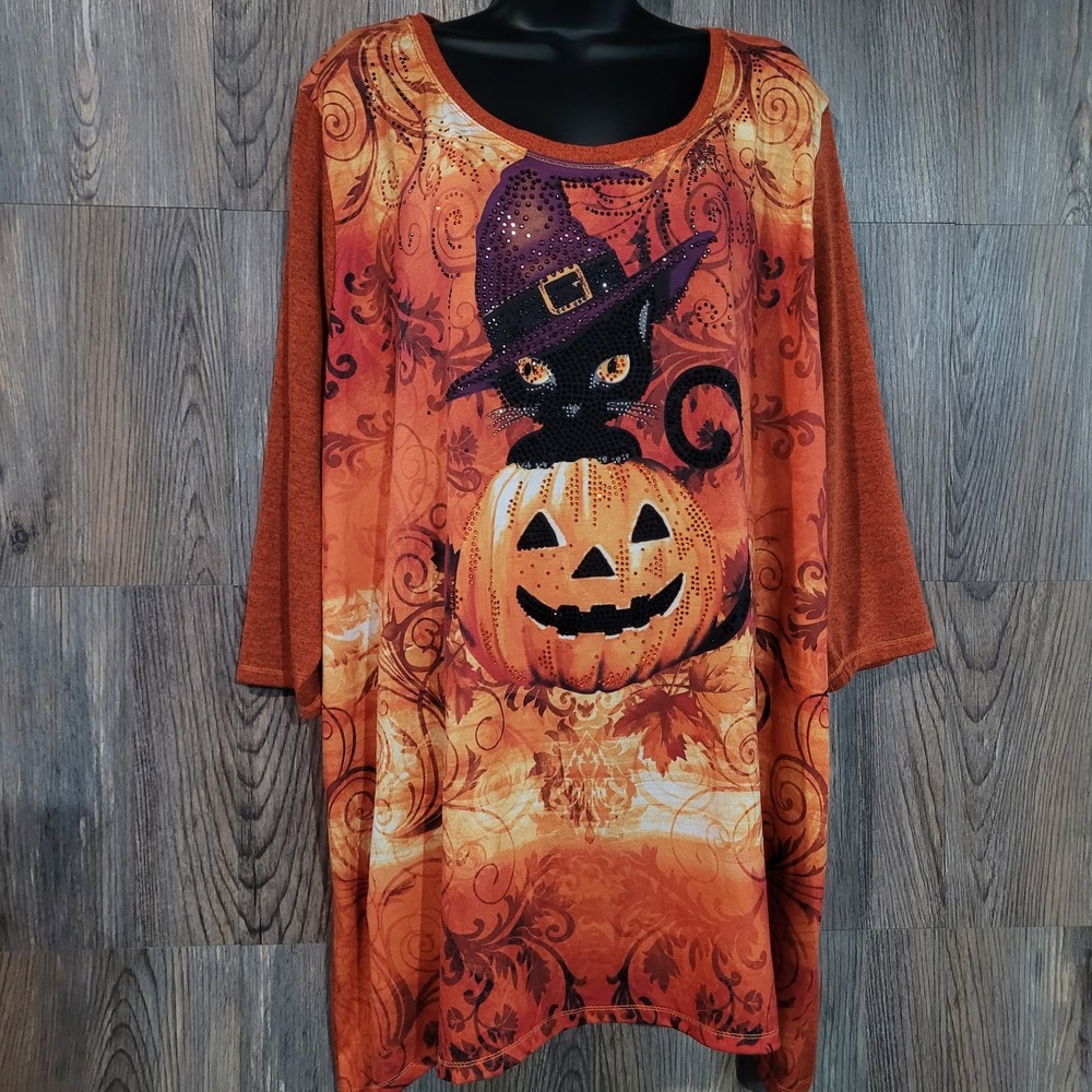 Halloween Shirt Rhinestone Cat 3X Orange Knit Tunic Witch Pumpkin Trick-or-Treat